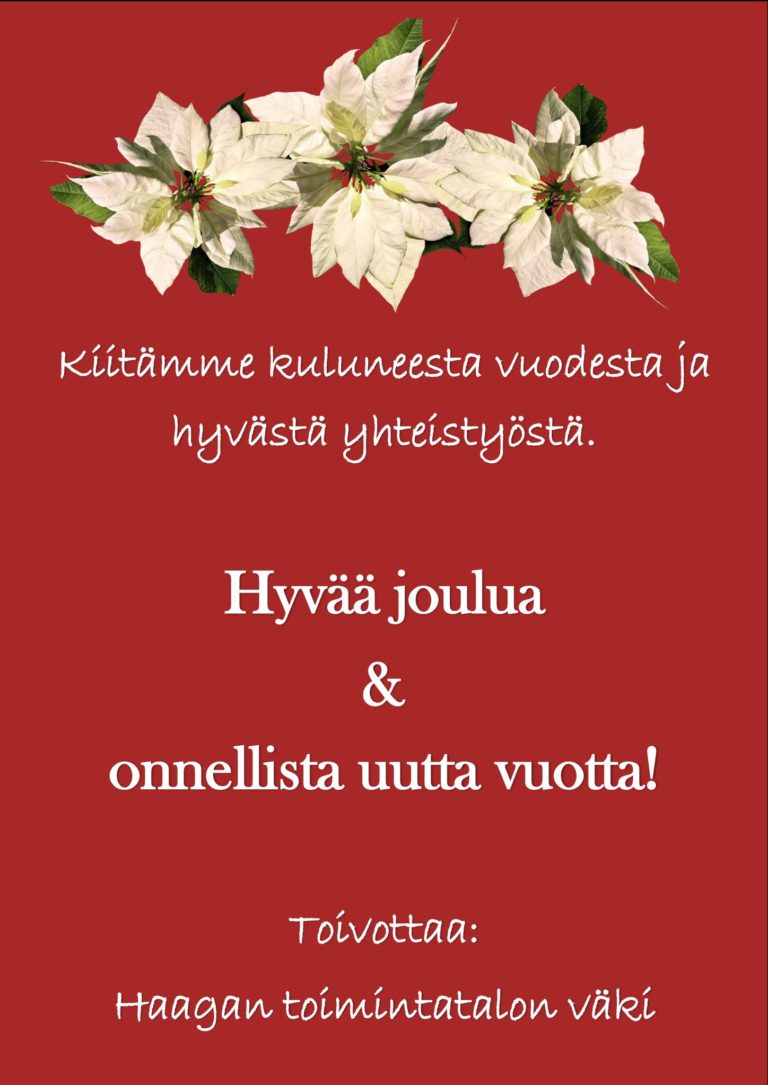 Haagan toimintatalo on joululomalla 23.12.2019.-1.1.2020. Olemme avoinna taas to…