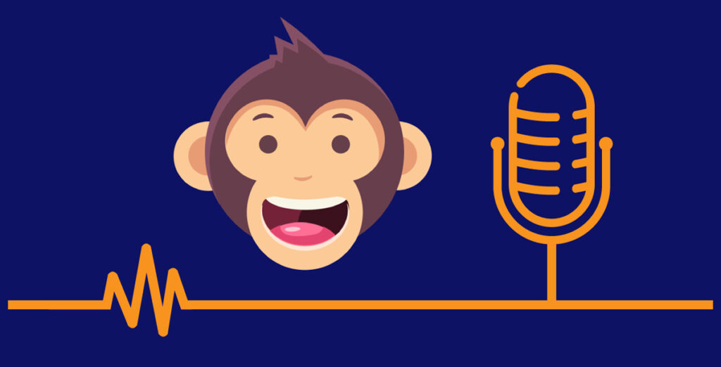 Piirros: Niilo-sovelluksen apina ja podcast-mikrofoni