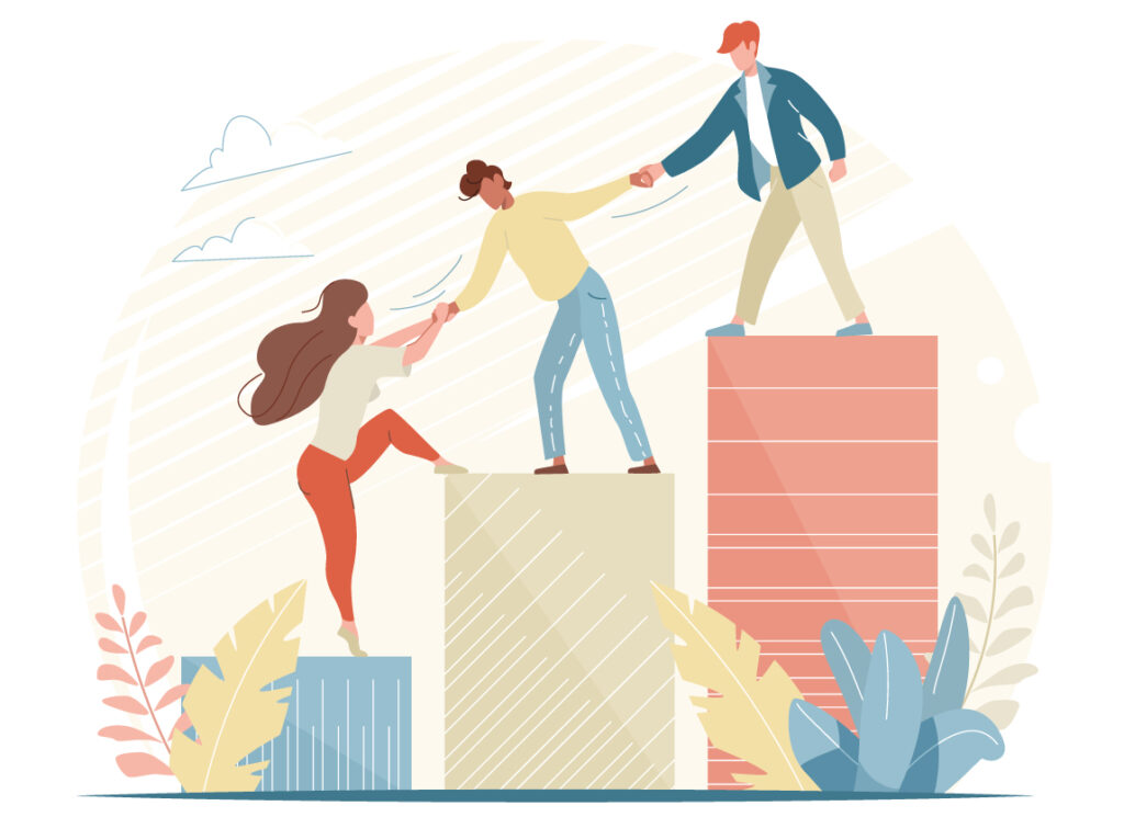 Piirros kolmesta hahmosta nousemassa korkeammille tasoille auttaen toisiaan.