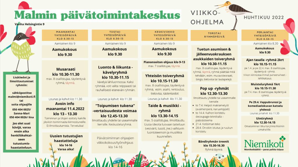 Malmin päivätoimintakeskuksen viikko-ohjelma kuvakaappauksena