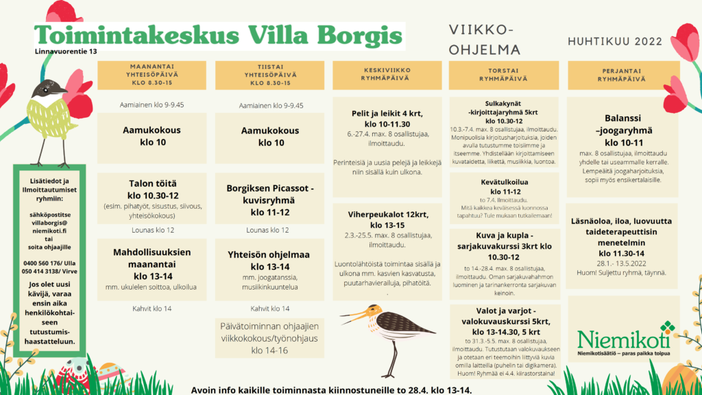 Toimintakeskus Villa Borgiksen viikko-ohjelma kuvakaappauksena
