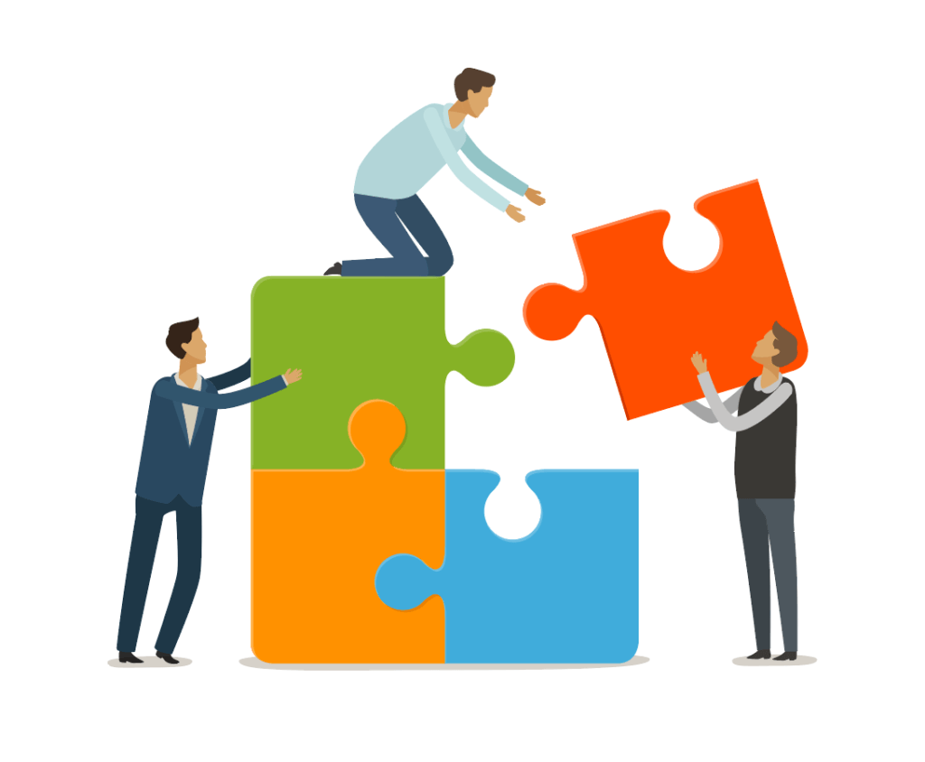 Piirros kolmesta henkilöstä kokoamassa jättimäistä palapeliä yhdessä.