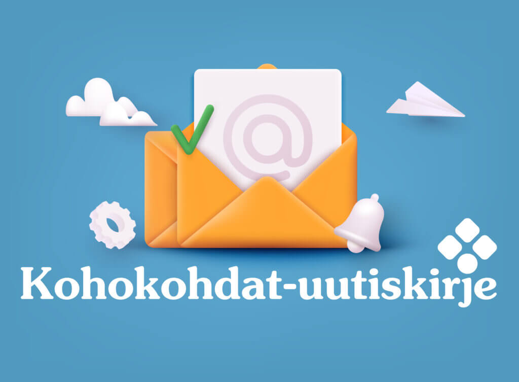 Kirjekuori, josta nousee paperi, jossa on @-symboli. Oranssi kirjekuori ja vihreä valintamerkki sen päällä. Ympärillä pilviä, hammasratas, paperilennokki ja kello. Teksti Kohokohdat-