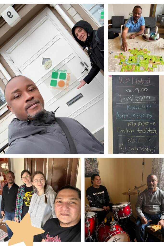 Ylävasen kuva: Kaksi henkilöä seisoo oven edessä ja hymyilee. Yläoikea kuva: Henkilö pelaa lautapeliä pöydän ääressä. Keskellä kuva liitutaulusta, jossa päivän aikataulu. Alakuva vasemmalla: Neljä henkilöä pose