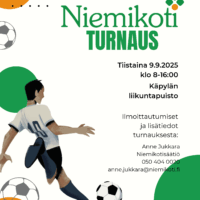Kuvassa on mainos Niemikoti-turnauksesta, joka järjestetään tiistaina 9.9.2025 klo 8-16:00 Käpylän liikuntapuistossa. Oikealla on jalkapalloilijan kuvituspotretti, muutama jalkapallo ja värillisiä