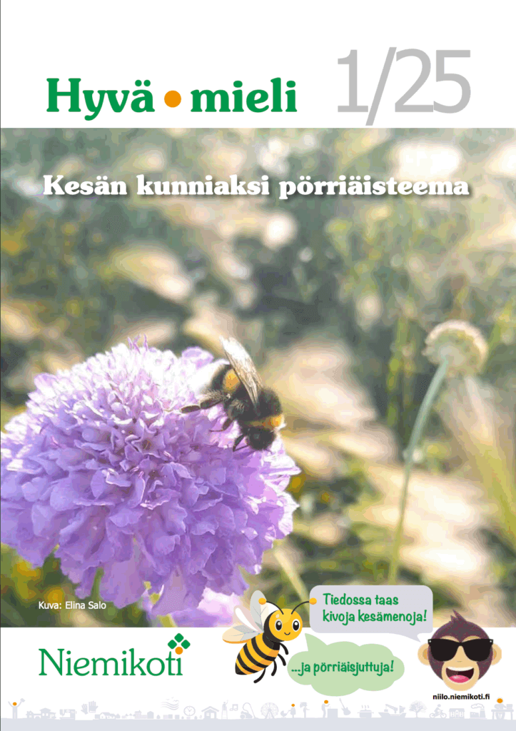 Kuva esittää lehden kansikuvaa, jossa on otsikko Hyvä mieli 1/25. Taustalla on kuva, jossa kimalainen istuu violetilla kukalla. Kuvan päällä lukee Kesän kunniaksi pörriäisteema. Alareunassa on Niemikodin logo ja