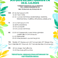 Alt-teksti: Värikäs juliste Niemikotisäätiön avoimesta kesätoiminnasta 30.6.-1.8.2025. Tapahtumapaikka on Toimintakeskus Villa Borgis. Ohjelmaa on maanantaista perjantaihin, sisältäen aam