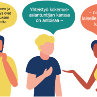 Kolmen piirretyn henkilön keskustelu. Vasemmanpuoleinen henkilö sanoo: Yhteiskehittäminen ja asiakaskeskeisyys ovat Valtti Valmennuksen perusperiaatteita. Keskellä oleva henkilö sanoo: Yhteistyö kokemusasiantuntijan kanssa on anto