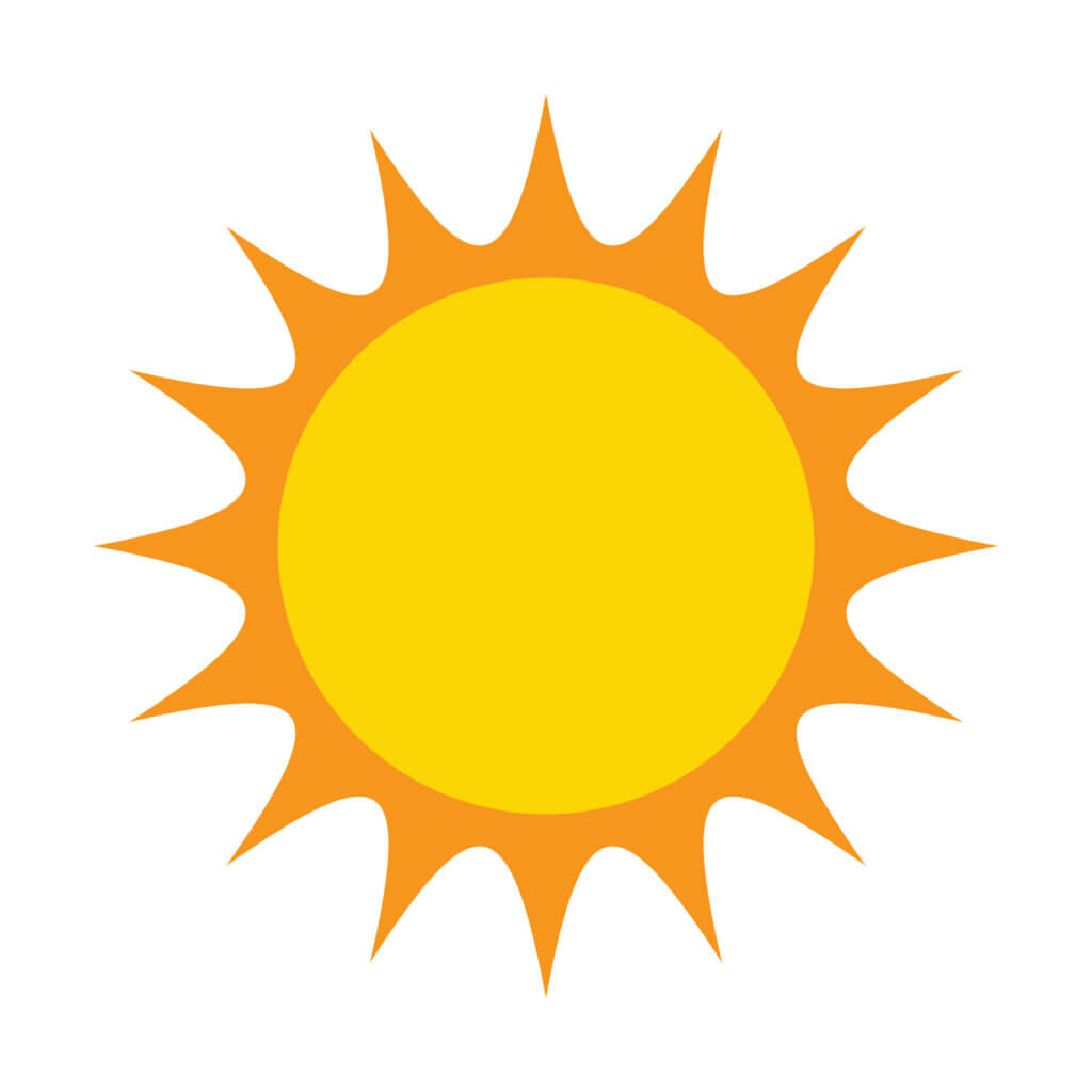 Kuvassa on piirretty aurinko. Aurinko on kirkkaan keltainen, ja sen ympärillä on oranssit säteet valkoisella taustalla.