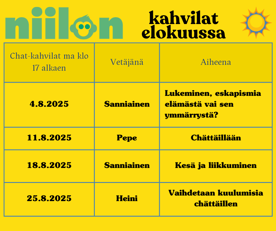 Alt-teksti: Keltapohjainen taulukko, jossa on elokuun 2025 chat-kahviloiden aikataulu. Otsikkona Niilon kahvilat elokuussa. Päivät, vetäjät ja aiheet: 4.8.2025, Sannianen
