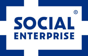 Blue and white logo with the words Social Enterprise in bold blue letters. The logo has a rectangular shape with a registered trademark symbol in the top right corner.