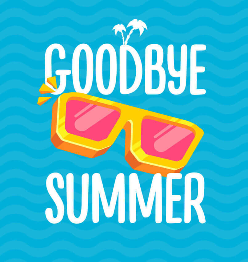 Kuvassa lukee Goodbye Summer. Taustalla on sinisiä aaltoja, ja keskellä on keltaiset aurinkolasit, joiden linssit ovat vaaleanpunaiset. Yläpuolella on palmuja.