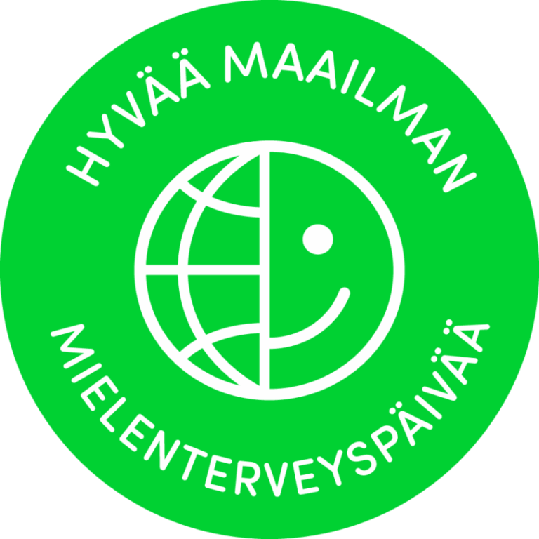 Vihreällä taustalla on ympyrä, jossa on hymyilevä kasvokuva ja teksti "HYVÄÄ MAAILMAN MIELENTERVEYSPÄIVÄÄ".