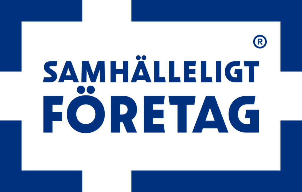 Logotyp med texten "Samhälleligt Företag" i blått på vit bakgrund.