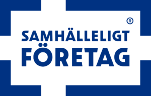 Logotyp med texten "Samhälleligt Företag" i blått på vit bakgrund.