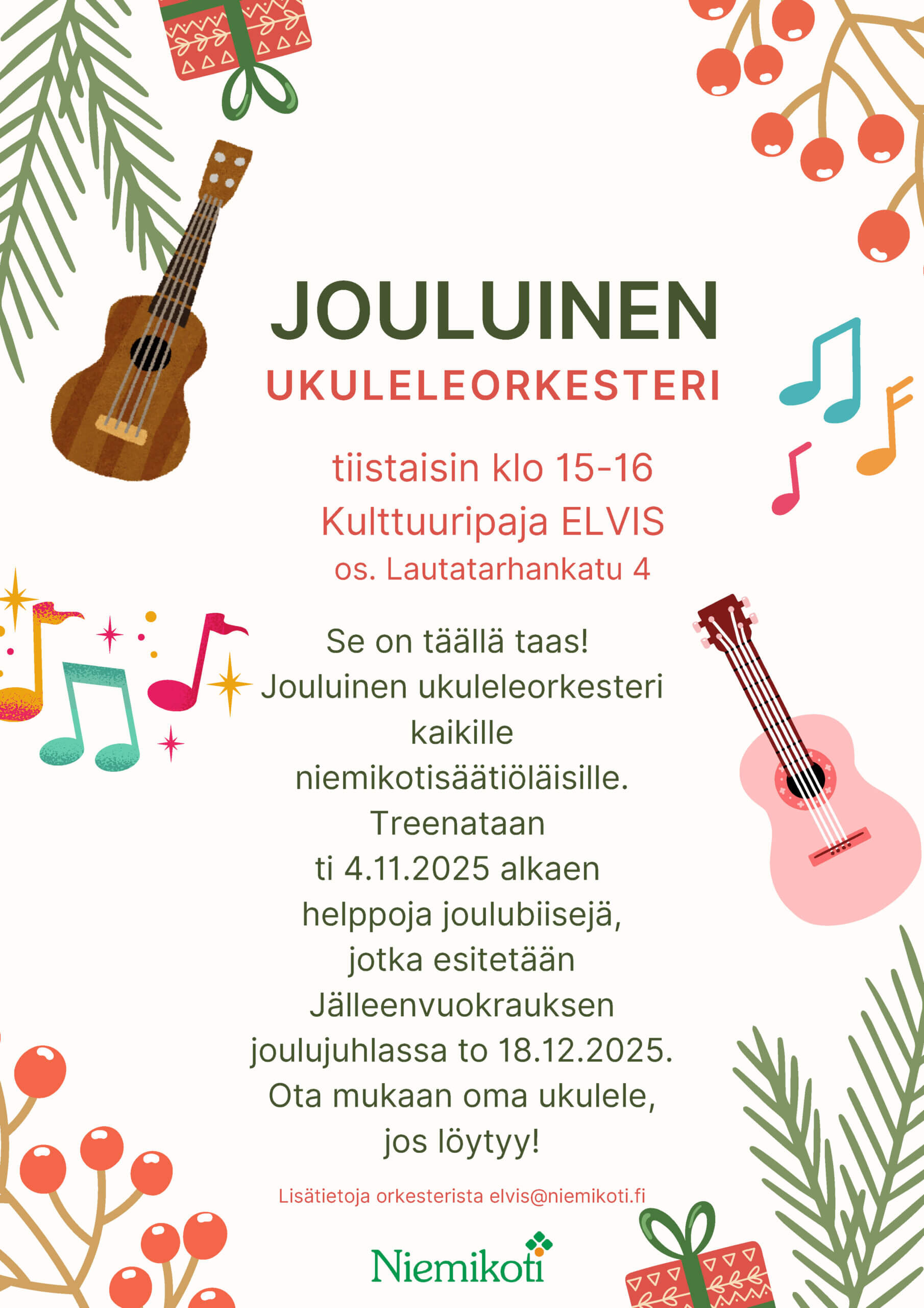 Jouluinen ukuleleorkesteri kokoontuu tiistaisin Kulttuuripaja ELVIKSessä, ja treenit alkavat 4.11.2025.