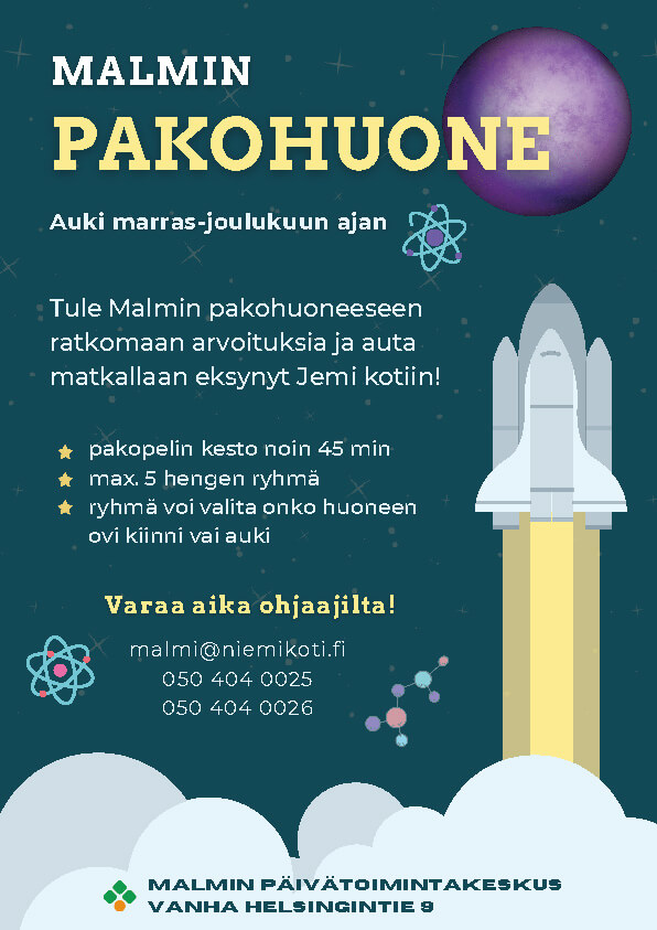 Malmin pakohuoneen mainos, jossa kerrotaan pakopelin keston, ryhmäkoon ja varauksen yksityiskohdista.