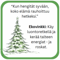 Kuvassa on joulukuusi ja teksti, joka sisältää rauhoittavan lainauksen sekä ekovinkin luontoretkelle.