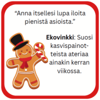 Kuvassa on piparkakkumies, joka pitää kädessään karkkia, ja siinä on inspiroiva lainaus sekä ekovinkki kasvispainotteisista aterioista.