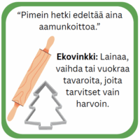 Kuvassa on kaulin ja joulukuusimuotti sekä lainaus ja ekovinkki tavaroiden lainaamisesta tai vuokraamisesta.