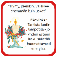 Kuvassa on kynttilä joulukoristeiden kanssa ja teksti, joka kannustaa tarkistamaan kodin lämpötilan energiansäästön vuoksi.