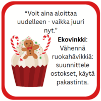 Kuvassa on jouluteemainen kuppikakku, jossa on piparkakkuukko ja teksti, joka kannustaa aloittamaan uudelleen sekä antaa vinkkejä ruokahävikin vähentämiseen.