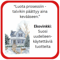 Talvisessa maisemassa on talo lumipeitteessä, ja tekstissä kehotetaan luottamaan prosessiin sekä suosimaan uudelleenkäytettäviä tuotteita.