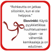 Kuvassa on lainaus rohkeudesta ja ekovinkki pyykkietikan käytöstä huuhteluaineen sijaan.