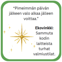 Kuvassa on lainaus valosta ja ekovinkki kodin laitteiden turhien valmiustilojen sammuttamisesta.