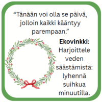 Kuvassa on kehys, jossa on lainaus positiivisesta ajattelusta ja ekovinkki veden säästämiseen suihkussa.