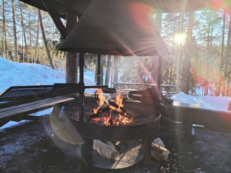 Nuotio palamassa metsäisessä ympäristössä, taustalla lumiset maisemat ja puut.