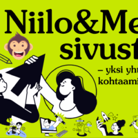Vihreällä taustalla on teksti "Niilo&Me sivusto – yksi yhteinen kohtaamispaikka?" sekä erilaisia piirroksia, kuten ihmisiä, eläimiä ja esineitä.
