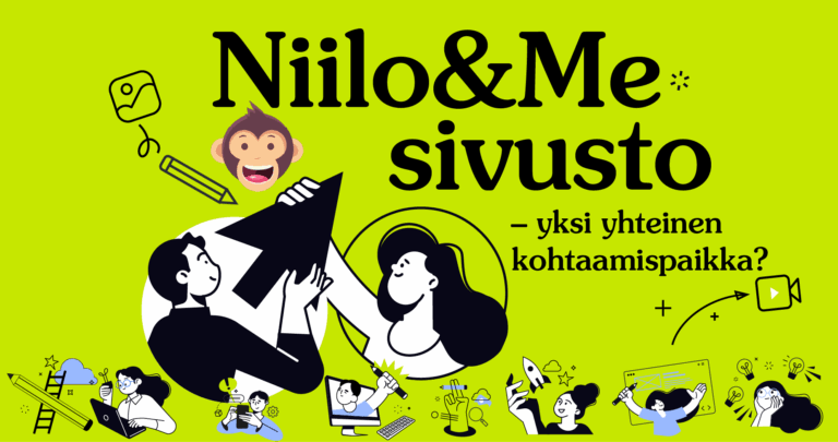 Vihreällä taustalla on teksti "Niilo&Me sivusto – yksi yhteinen kohtaamispaikka?" sekä erilaisia piirroksia, kuten ihmisiä, eläimiä ja esineitä.