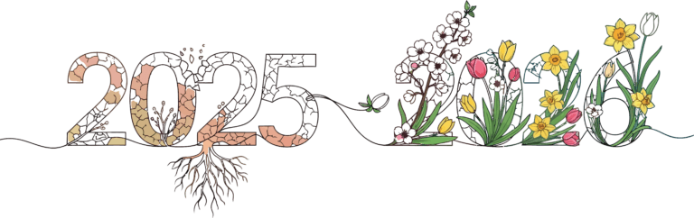 Kuvassa on numerot 2025 ja 2026, jotka on koristeltu erilaisilla kukilla ja kasveilla.