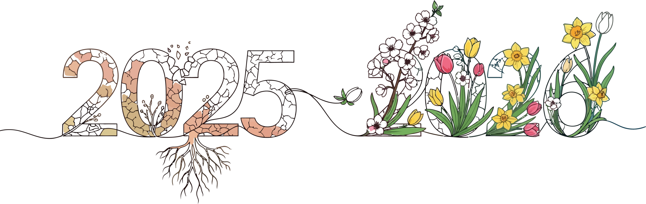 Kuvassa on numerot 2025 ja 2026, jotka on koristeltu erilaisilla kukilla ja kasveilla.