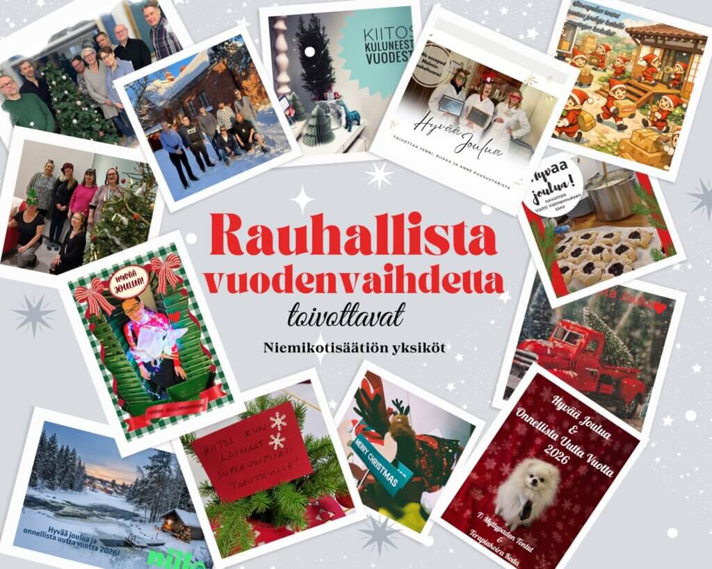 Kuvassa on joulutervehdyksiä ja -kuvia, joissa toivotetaan rauhallista vuodenvaihdetta eri henkilöiden ja koristeiden kera.