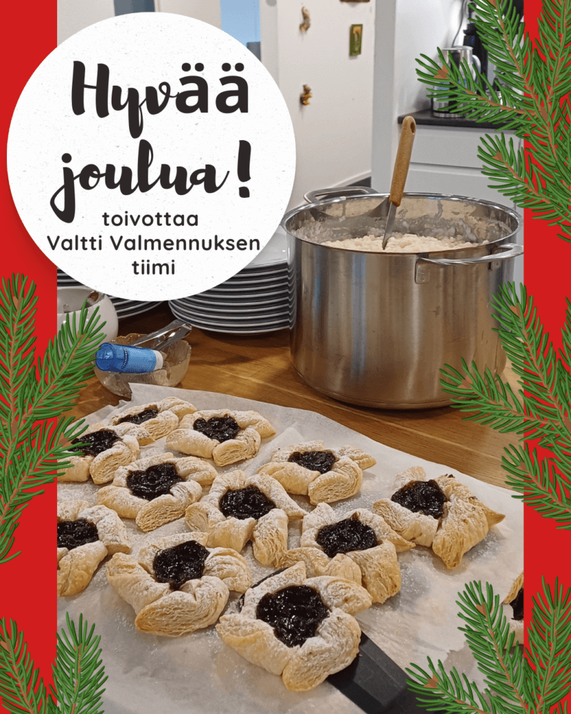 Joulutervehdys, jossa on leivonnaisia ja riisipuuroa, sekä teksti "Hyvää joulua! toivottaa Valtti Valmennuksen tiimi".