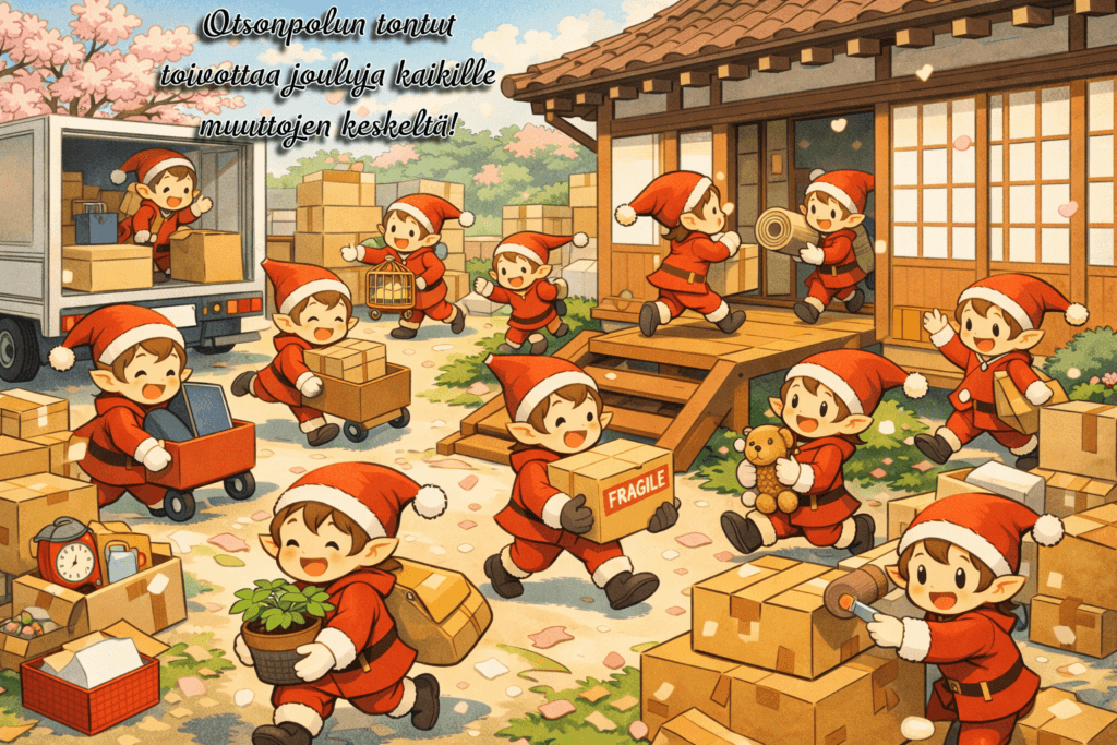 Otsonpolun tontut työskentelevät ahkerasti joululahjojen pakkaamisessa ja siirtämisessä ulkona.