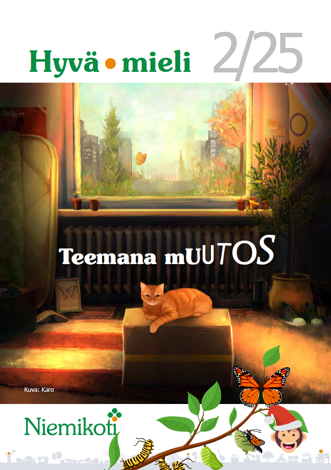 Kuvassa on lämpimän sävyinen huone, jossa istuu oranssi kissa laatikolla, ikkunasta näkyy syksyinen maisema ja teksti "Hyvä mieli 2/25 Teemana muutos".