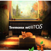 Kuvassa on ikkuna, josta näkyy syksyinen maisema, ja ikkunalaudalla istuu oranssi kissa laatikon päällä, taustalla teksti "Teemana muutos".