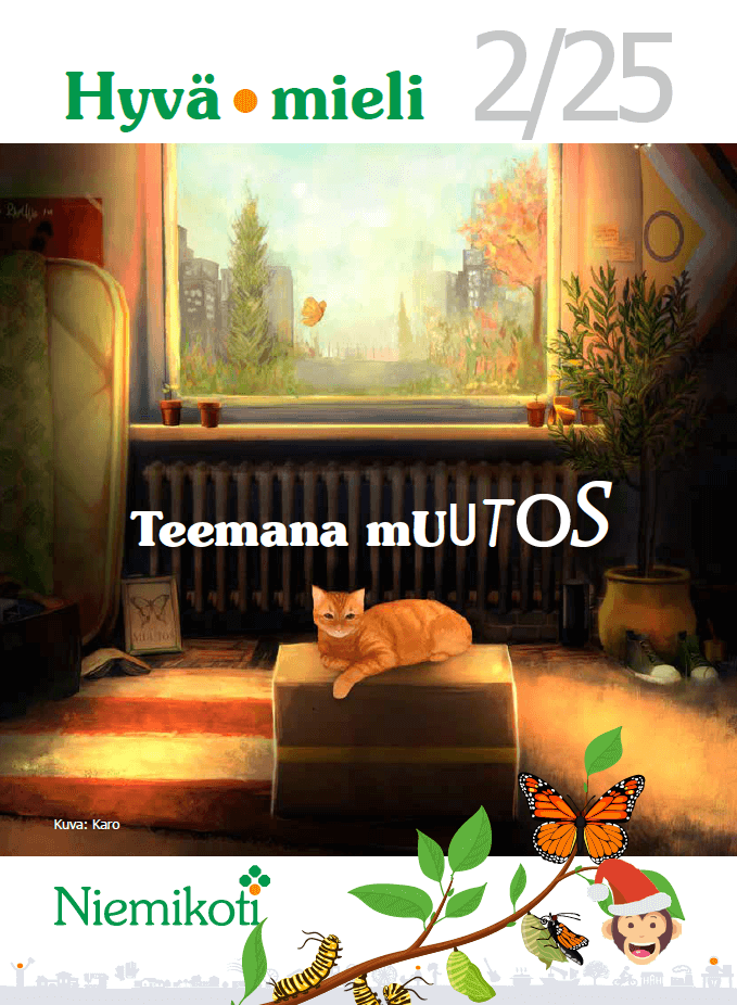 Kuvassa on ikkuna, josta näkyy syksyinen maisema, ja ikkunalaudalla istuu oranssi kissa laatikon päällä, taustalla teksti "Teemana muutos".