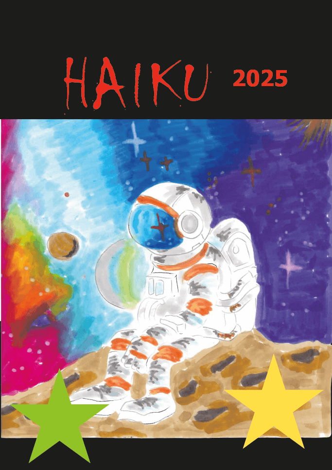 Kuvassa on avaruusasuinen astronautti istumassa kivisellä pinnalla värikkään avaruusmaiseman taustalla, jossa on tähtiä ja planeettoja.