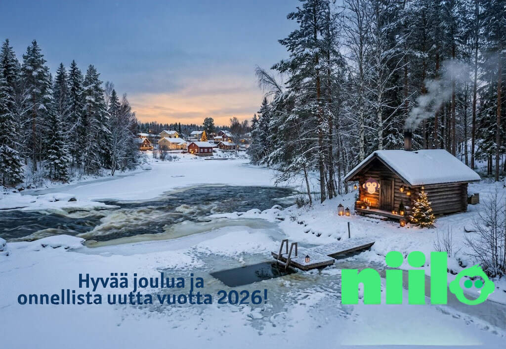 Talvinen maisema, jossa on lumisia puita, joki, mökki ja joulutervehdys.