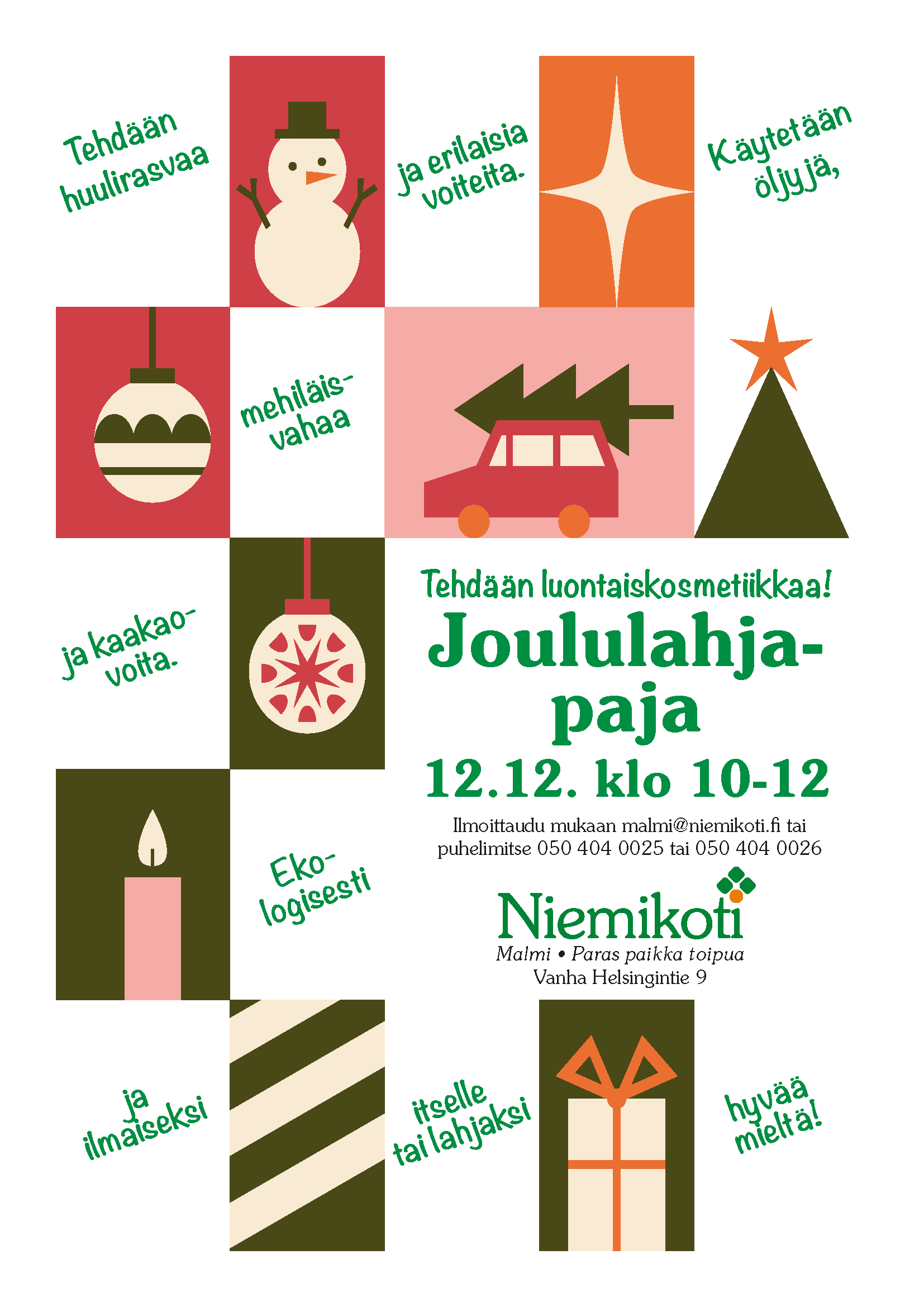 Joululahjapajassa 12.12. klo 10-12 valmistetaan luonnonkosmetiikkaa, kuten huulirasvaa ja voiteita, sekä tarjotaan ekologisia vaihtoehtoja.
