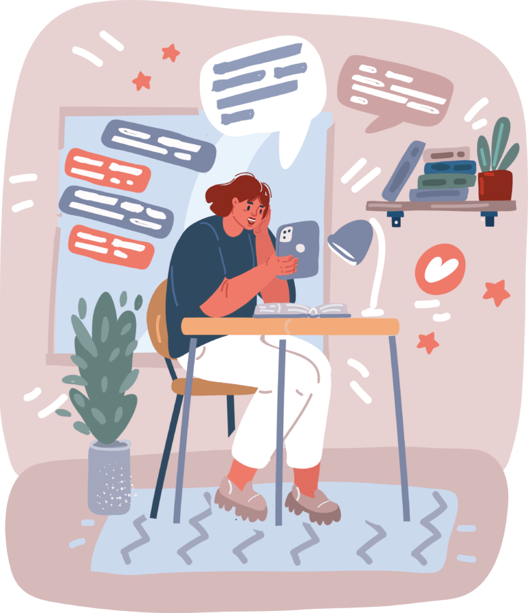 Nuori nainen istuu pöydän ääressä, katsoo puhelintaan ja hymyilee, ympärillä on viestikuplia ja kasveja.