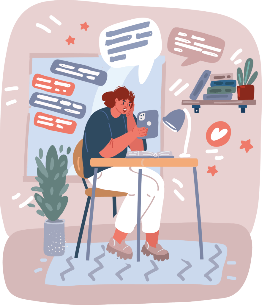 Nuori nainen istuu pöydän ääressä, katsoo puhelintaan ja hymyilee, ympärillä on viestikuplia ja kasveja.