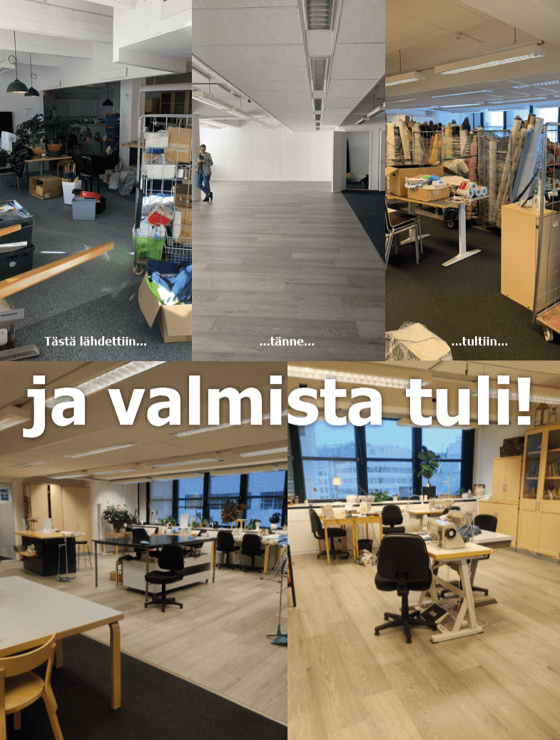 Kuvassa näkyy ennen ja jälkeen -tilanne työtilassa, jossa on siivottu ja järjestetty huoneita.