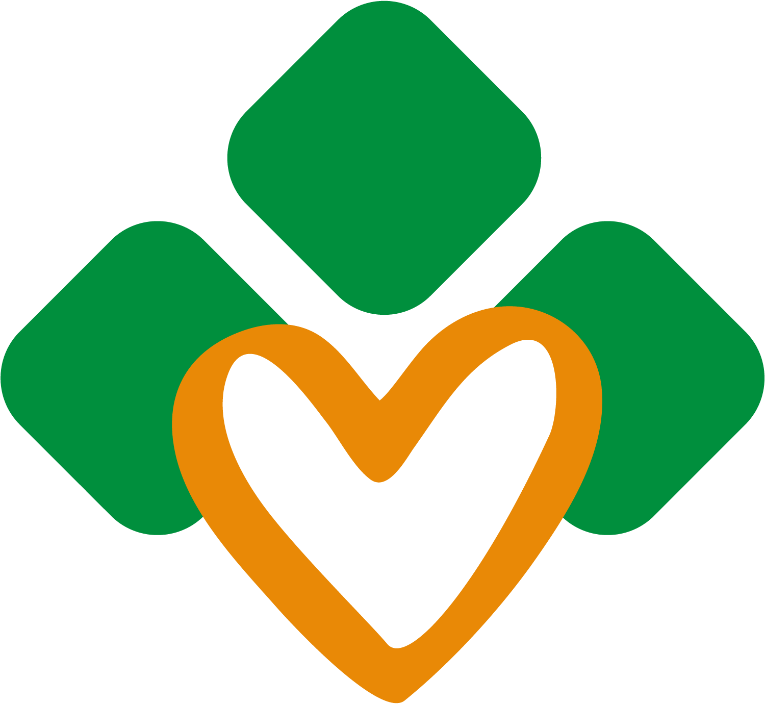 Kuvassa on vihreitä ja oransseja geometrisia muotoja, jotka muodostavat sydämen.