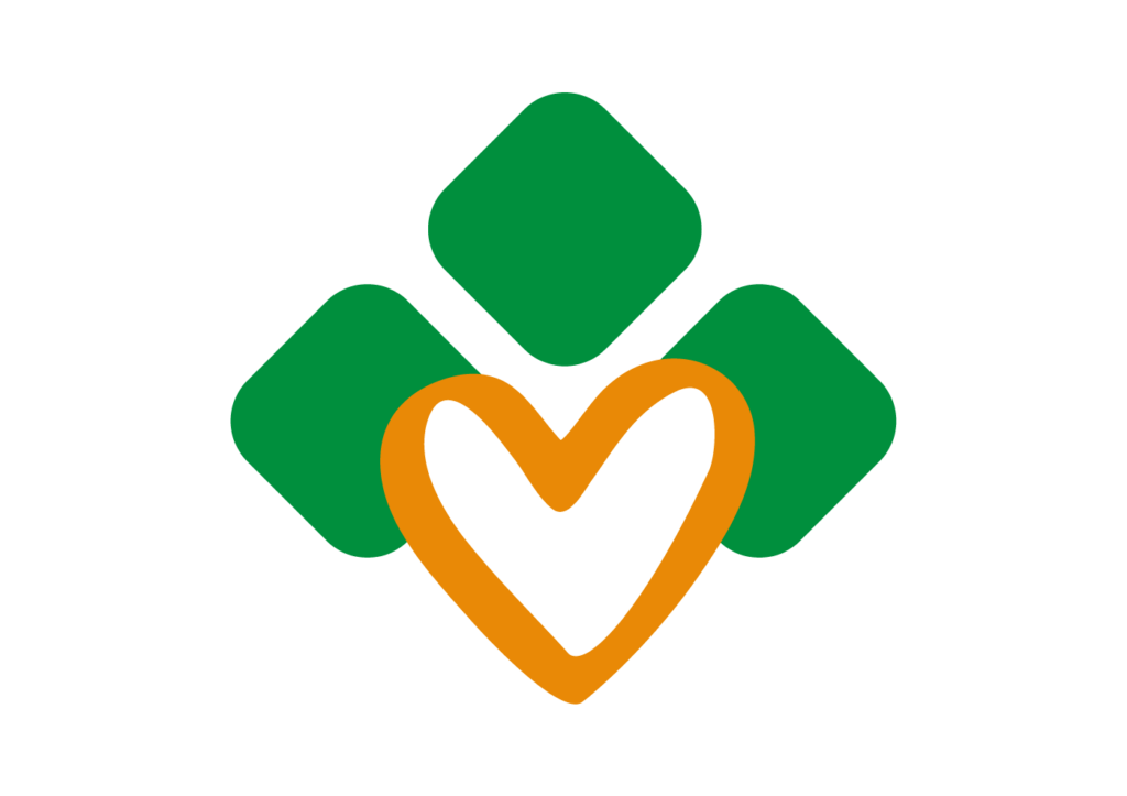 Vihreä ja oranssi sydänlogo, joka symboloi hoitoa ja hyvinvointia.