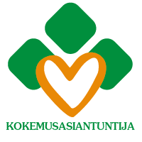 Kuvassa on sydämen muotoinen symboli, jonka ympärillä on vihreitä neliöitä ja teksti "KOKEMUSASIANTUNTIJA".